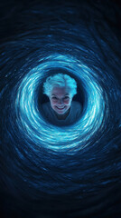 Wall Mural - joyful elderly woman smiling in swirling blue light vortex