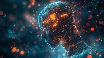 Poster - Digital Representation of a Human Head With Glowing Circuits and Lights in a Futuristic Setting at Night