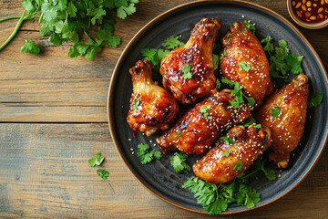 Poster - A Plate of Spicy Honey Sesame Chicken Wings on Wooden Table with Space for Copy