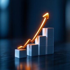 Poster - Growth Trend Shown by Stacked Blocks With Upward Arrow Illuminated in Orange Against a Dark Background