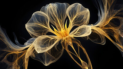 Wall Mural - Golden x-ray image of a ethereal flower on black. Fantasy mystical blossom. Generative AI
