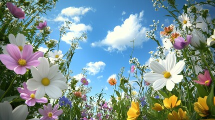 Wall Mural - Vibrant Wildflower Field with Colorful Blooms Under a Clear Blue Sky