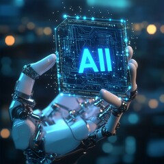 Aufkleber - Advanced Robotic Hand Holding Artificial Intelligence Chip in a Futuristic Tech Environment Illuminated by Blue Lights