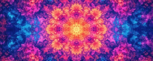 Poster - Optical Illusions and Perception Concepts. A vibrant, kaleidoscopic pattern featuring rich colors of pink, orange, and blue, creating a mesmerizing floral-like design.