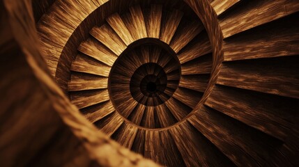 Fototapete - Optical Illusions and Perception Concepts. A close-up view of a spiral staircase, showcasing wooden steps and a mesmerizing spiral design, creating a sense of depth and elegance.
