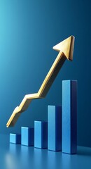 Poster - Growth in Progress With Upward Trend Represented by Golden Arrow and Blue Bar Graph Against a Blue Background