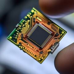Poster - Close-up View of a Hand Holding a Complex Circuit Board Component Showcasing Intricate Design and Craftsmanship