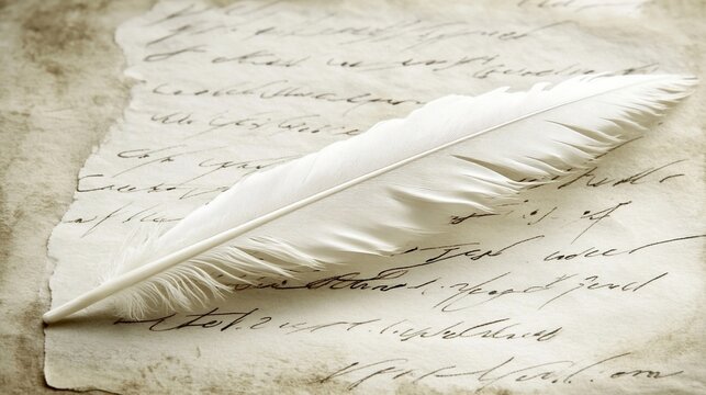 White feather atop antique handwritten letter.