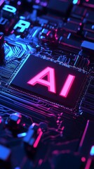 Aufkleber - Vibrant Close-Up of a Circuit Board Featuring Glowing AI Letters Illuminated in Pink and Blue Tones, Showcasing Technology and Innovation in a Modern Setting