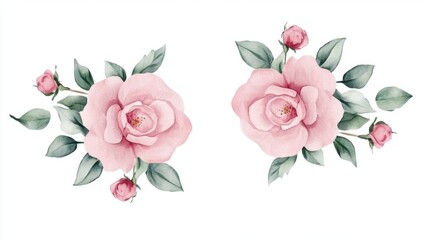 Wall Mural - Two delicate pink roses with leafy accents, beautifully arranged, conveying a sense of elegance and tranquility.