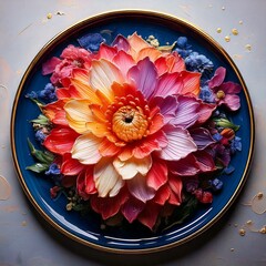 Wall Mural - An artfully presented sushi and sashimi platter with a stunning flower made of fish, displayed on a sleek dark plate.