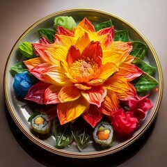 Wall Mural - A beautifully arranged platter of sushi and sashimi, featuring a vibrant flower made of fish, presented on a dark plate.