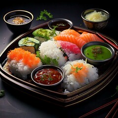 Wall Mural - A beautifully arranged platter of sushi and sashimi, featuring an assortment of fresh fish and rolls, presented on a wooden board.