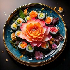 Wall Mural - A visually appealing sushi and sashimi platter with a vibrant flower made of fish, served on a traditional dark plate.