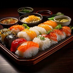 Wall Mural - An artfully presented sushi and sashimi platter with a variety of fresh fish and rolls, displayed on a rustic wooden board.