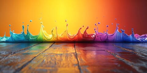 Poster - Colorful Paint Splashes Create a Vibrant Wave Over Wooden Surface During Artistic Display at Sunset