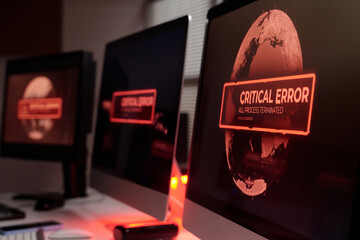 Poster - Row of desktop computer monitors with critical error on screens standing on workplace of IT engineer or programmer