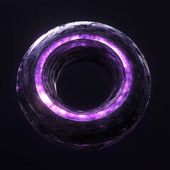 Poster - Unique Glowing Purple Ring Structure With Luminous Inner Circle Against a Dark Background, Showcasing Captivating Design and Light Effects