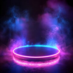 Poster - Brightly Lit Circular Platform in Vibrant Smoke, Perfect for Performances and Artistic Displays at Night Events