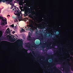 Poster - Colorful Cosmic Abstraction Illustrating a Vibrant Galaxy With Swirling Gas Clouds and Luminous Orbs in Deep Space