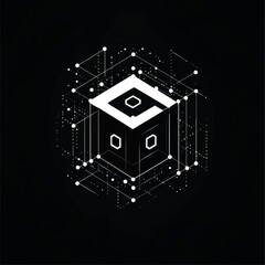 Aufkleber - Digital Cube Design With Geometric Patterns and Intricate Lines on a Black Background Showcasing Modern Abstract Art in a Technological Style