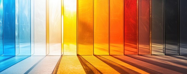 Poster - Vibrant colored glass panels create a stunning visual interplay of light and shadows, showcasing a spectrum of hues.