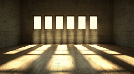 Poster - A spacious, sunlit interior with multiple windows casting shadows on a wooden floor, creating a serene and inviting atmosphere.