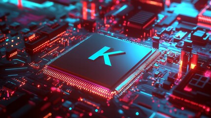 Aufkleber - Futuristic Computer Chip Glowing With Red and Blue Lights, Showcasing Technology Advancements and Precision Engineering in Digital Circuits