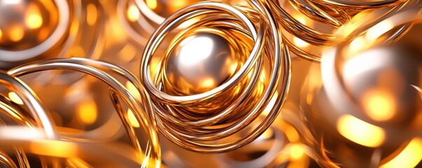 Poster - Abstract image of golden orbs and rings, creating a sense of fluidity and warmth, perfect for backgrounds or art designs.
