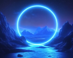 Poster - Vivid Blue Light Circle Illuminating a Tranquil Mountain Landscape at Night With a Reflective River