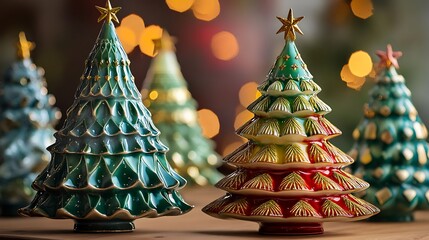 Canvas Print - Colorful ceramic Christmas trees on wooden surface with bokeh lights.