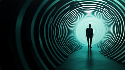 Poster - man walks through a spiral tunnel illuminated by a bright light at the end, suggesting a journey or 