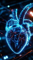 Aufkleber - Heart Represented With Glowing Blue Lines and Electric Connections in a Futuristic Digital Environment Showcasing Technology and Artistry