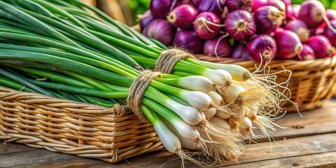 Wall Mural - Colorful bunch of fresh spring onions tied with twine in a market basket, fresh, market,  fresh, market, basket