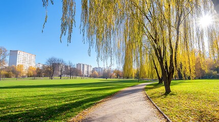 Wall Mural - Autumn Park Path  Weeping Willow Trees  Green Grass  City View