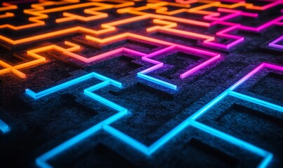 Poster - A vibrant neon maze pattern on a dark surface, evoking a digital aesthetic.