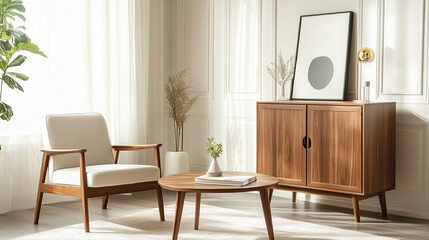 Poster - cozy modern living room featuring minimalist furniture and natural light in a bright, airy space