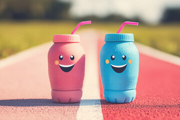 Wall Mural - a water bottle racing a smoothie cup on a track, both smiling in friendly competition
