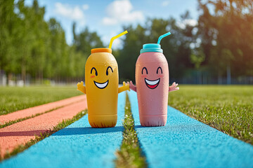 Wall Mural - a water bottle racing a smoothie cup on a track, both smiling in friendly competition