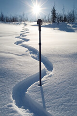 Wall Mural - a ski pole drawing zigzag patterns in the snow, laughing as it glides