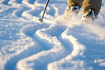 Wall Mural - a ski pole drawing zigzag patterns in the snow, laughing as it glides