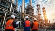 © Instrudify - Engineers ensure the safe operation of cooling towers in a petrochemical plant, performing tests on airflow and vapor release.