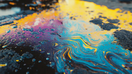Poster - Colorful reflections of sunlight on wet pavement after rain create a vibrant, artistic pattern