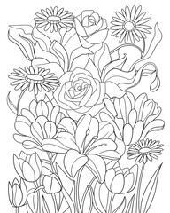 Flower coloring page for adults black and white vector outline doodles