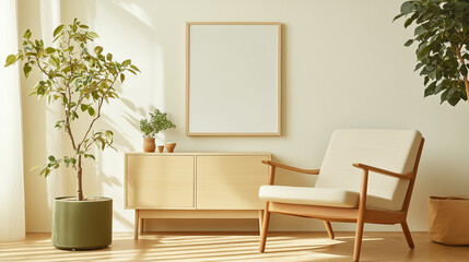 Poster - cozy living room with modern furniture plants and natural light in a serene setting