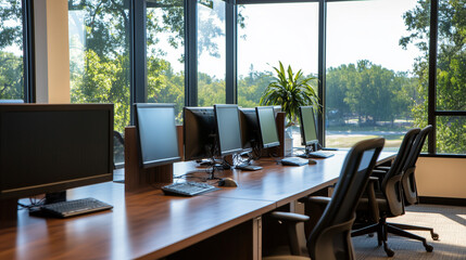 Poster - Workspace with multiple computers and a view of nature in a modern office setting