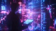 © afif - Man reviewing data on tablet, futuristic background.