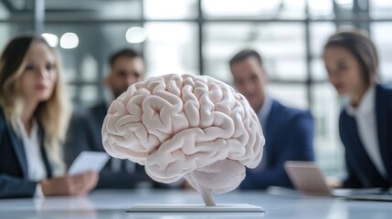 Poster - Business Team Analyzing Brain Model in Modern Meeting Space for Strategic Planning and Innovation Collaboration