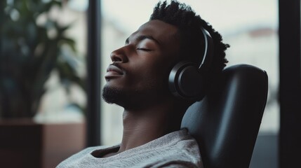 Poster - focused man enjoying immersive audio experience with headphones in modern workspace, highlighting io