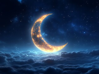 ornate crescent moon above clouds at night.